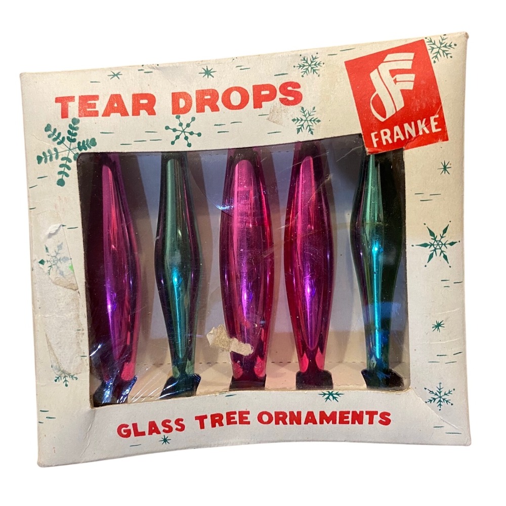 Vintage Franke Tear Drops Glass Tree Ornaments Pink Teal Set of 5 Japan 4040 - Picture 1 of 9